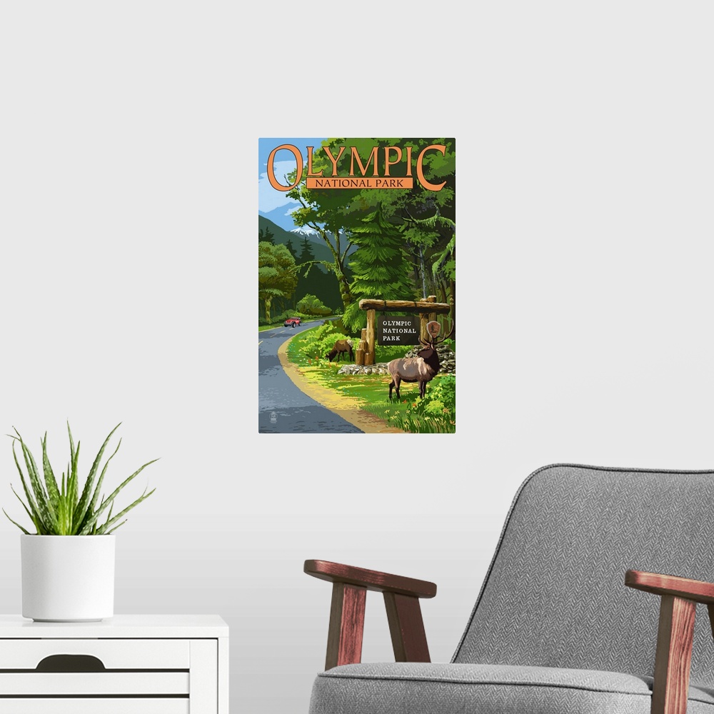 A modern room featuring Olympic National Park, Elks Grazing: Retro Travel Poster