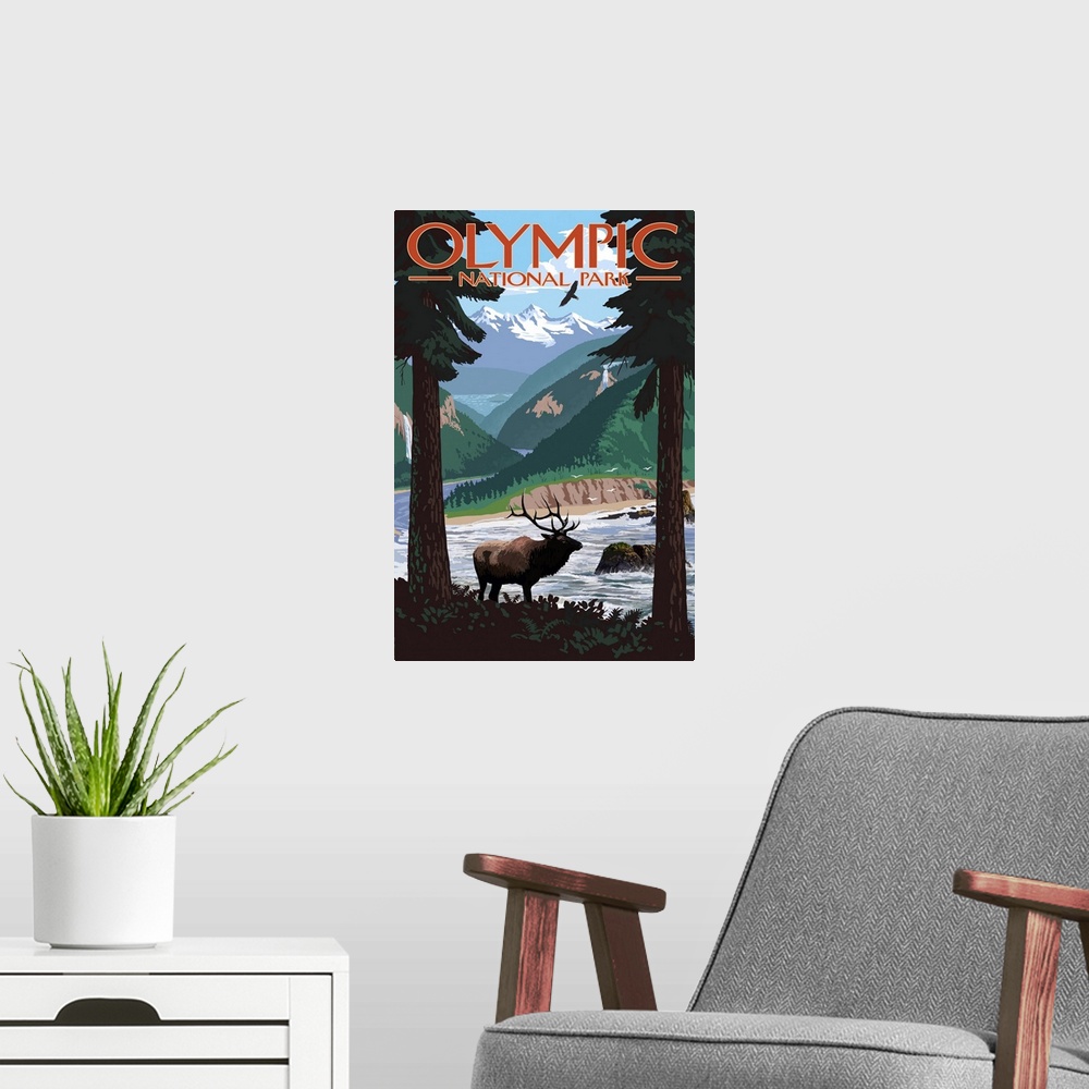 A modern room featuring Olympic National Park, Moose In Wilderness: Retro Travel Poster