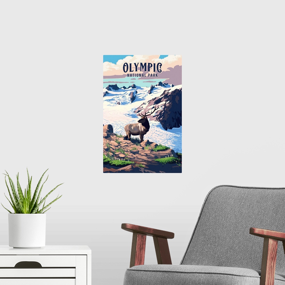 A modern room featuring Olympic National Park, Moose On A Snowy Mountaintop: Retro Travel Poster