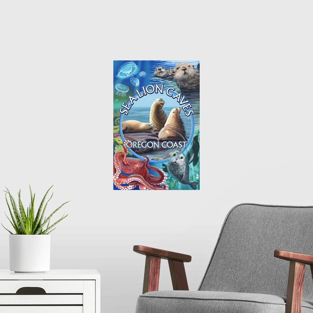 A modern room featuring Retro stylized art poster of a montage of images of wildlife.