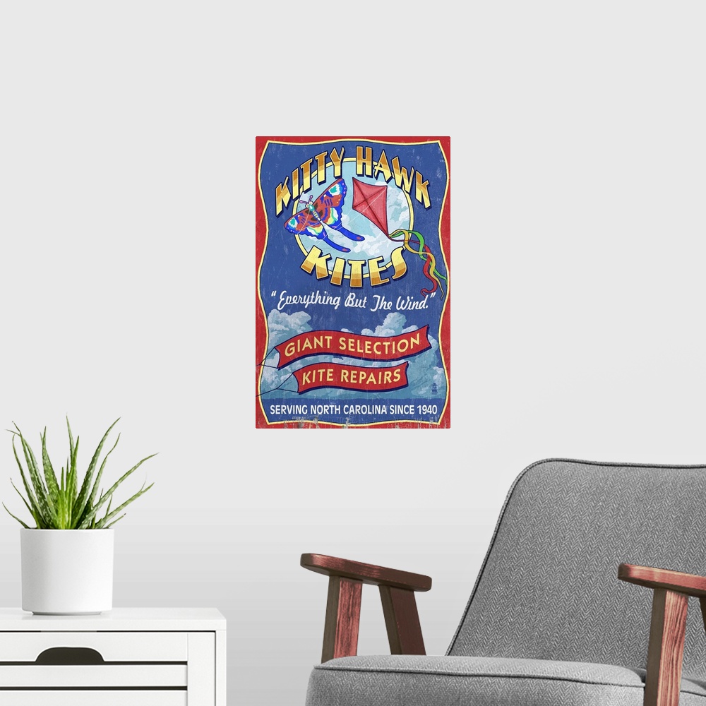 A modern room featuring Outer Banks, North Carolina - Kitty Hawk Kite Shop Vintage Sign: Retro Travel Poster