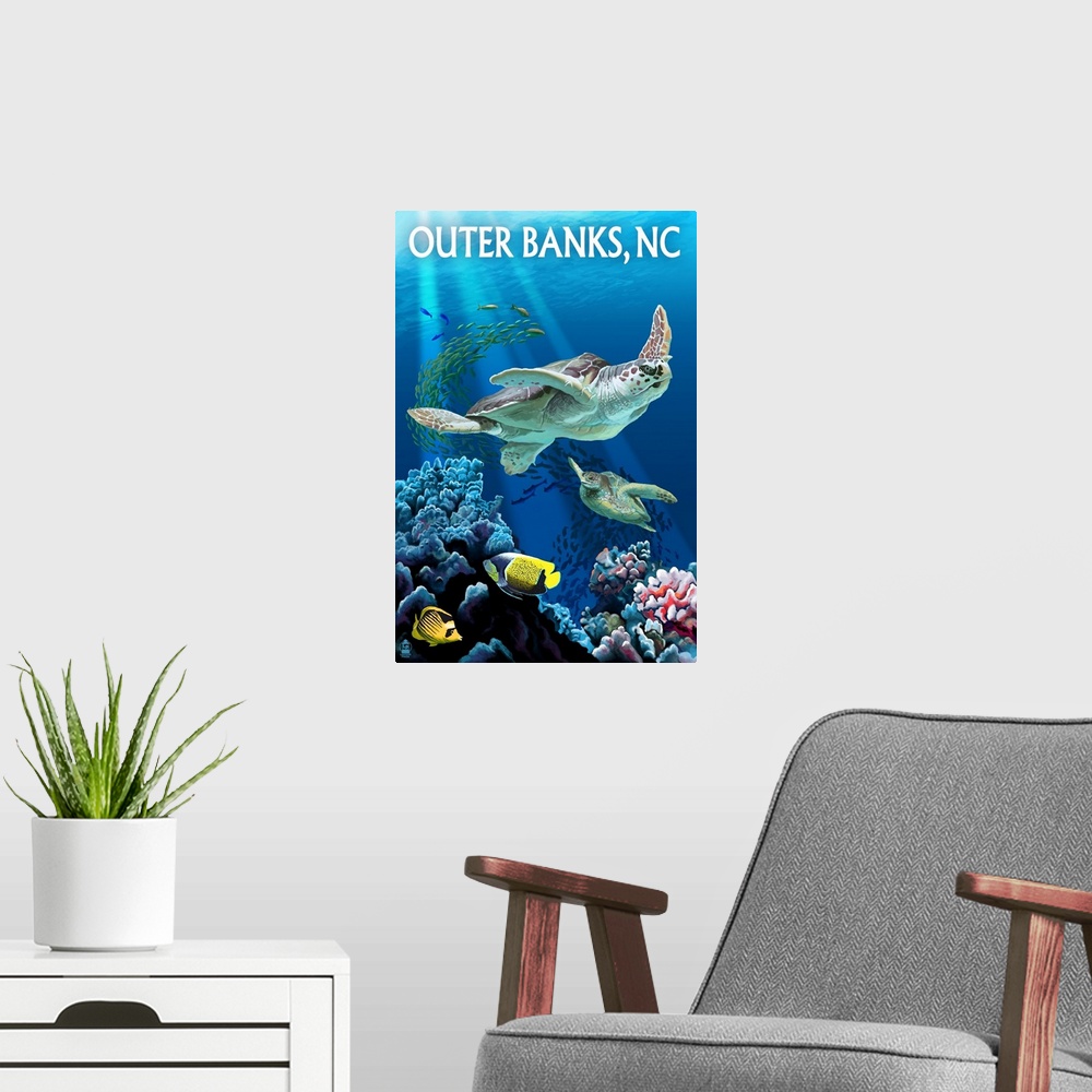 A modern room featuring Outer Banks, North Carolina - Sea Turtles: Retro Travel Poster