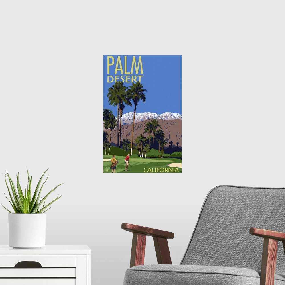 A modern room featuring Retro stylized art poster of golfers on a golf course with tall palms and a mountainous background.