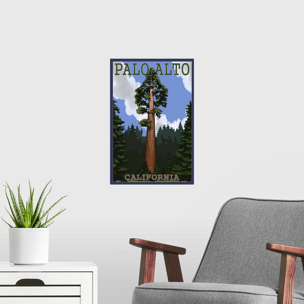 A modern room featuring Palo Alto, California - California Redwoods: Retro Travel Poster