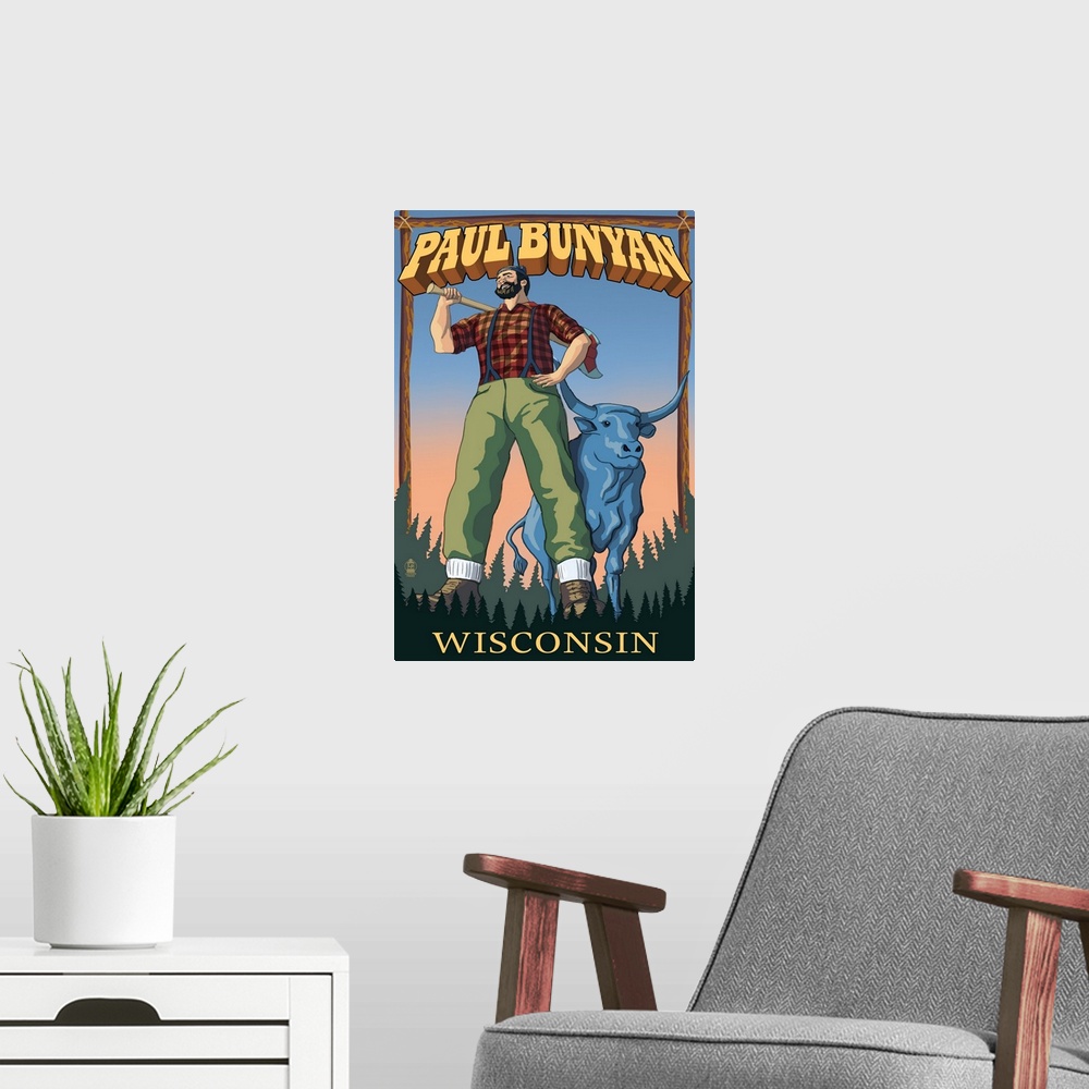 A modern room featuring Paul Bunyan - Wisconsin: Retro Travel Poster