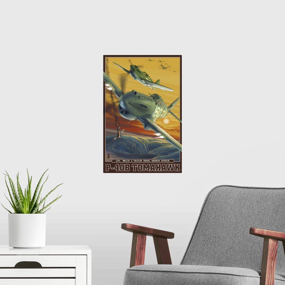 A modern room featuring Pearl Harbor, Hawaii - P-40B Tomahawks: Retro Travel Poster