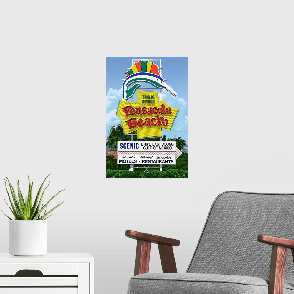 A modern room featuring Retro stylized art poster of a retro sign advertising a beach, with a sailfish at the top of the ...