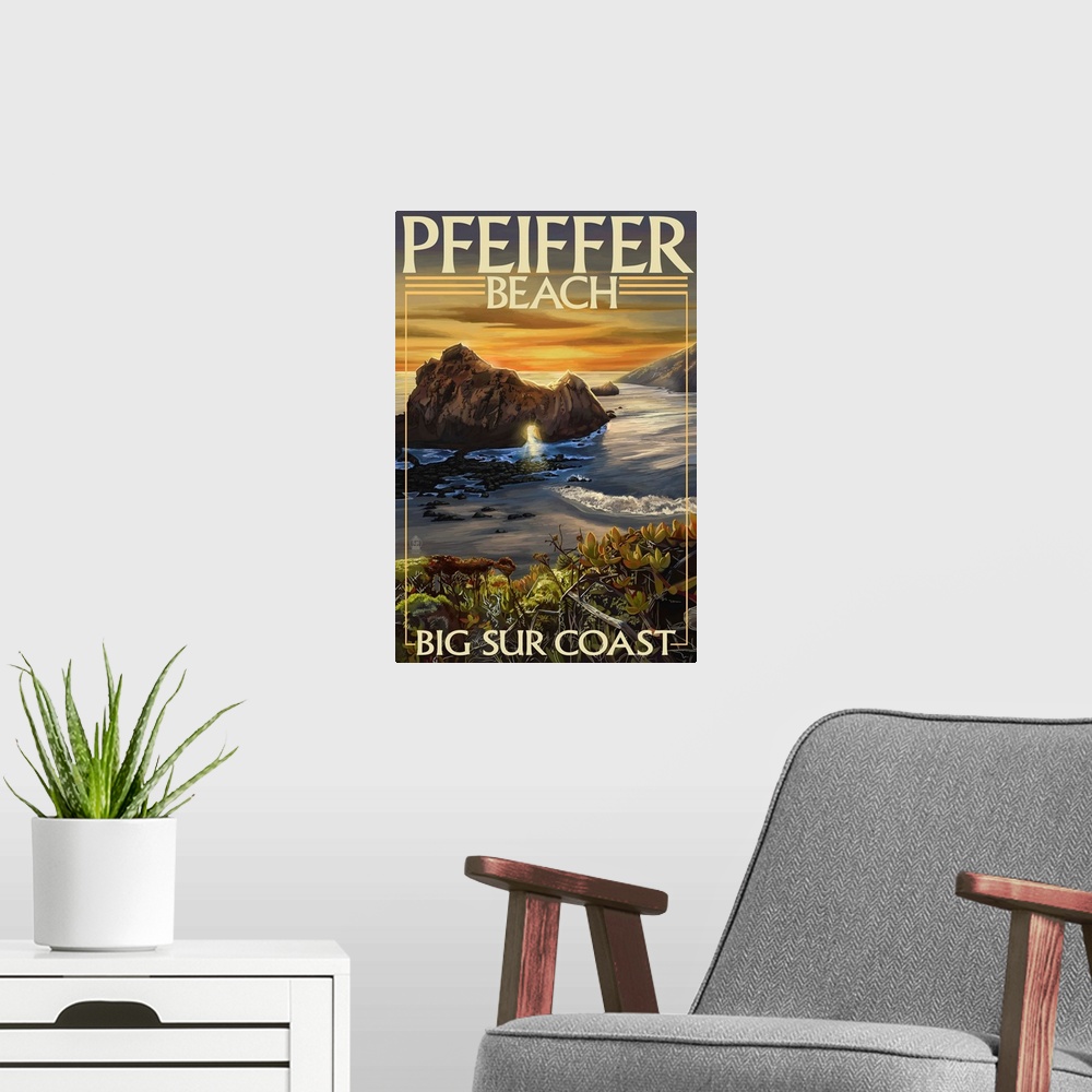 A modern room featuring Retro stylized art poster of a natural rock arch along the shoreline of a cove.