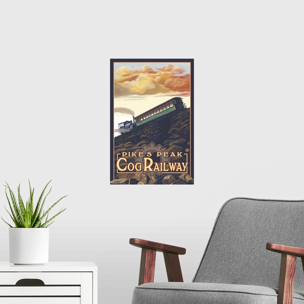 A modern room featuring Pikes Peak Cog Railroad, Colorado: Retro Travel Poster