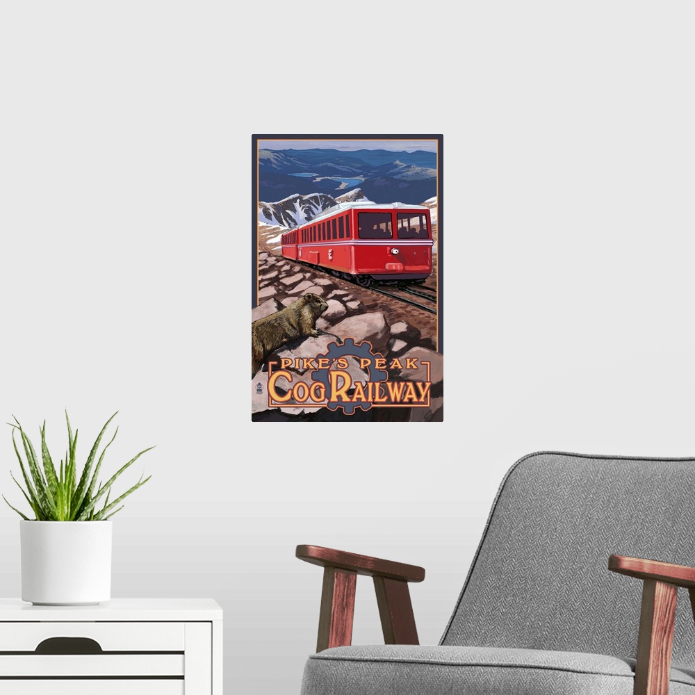 A modern room featuring Pikes Peak Cog Railway - Swiss Locomotive: Retro Travel Poster