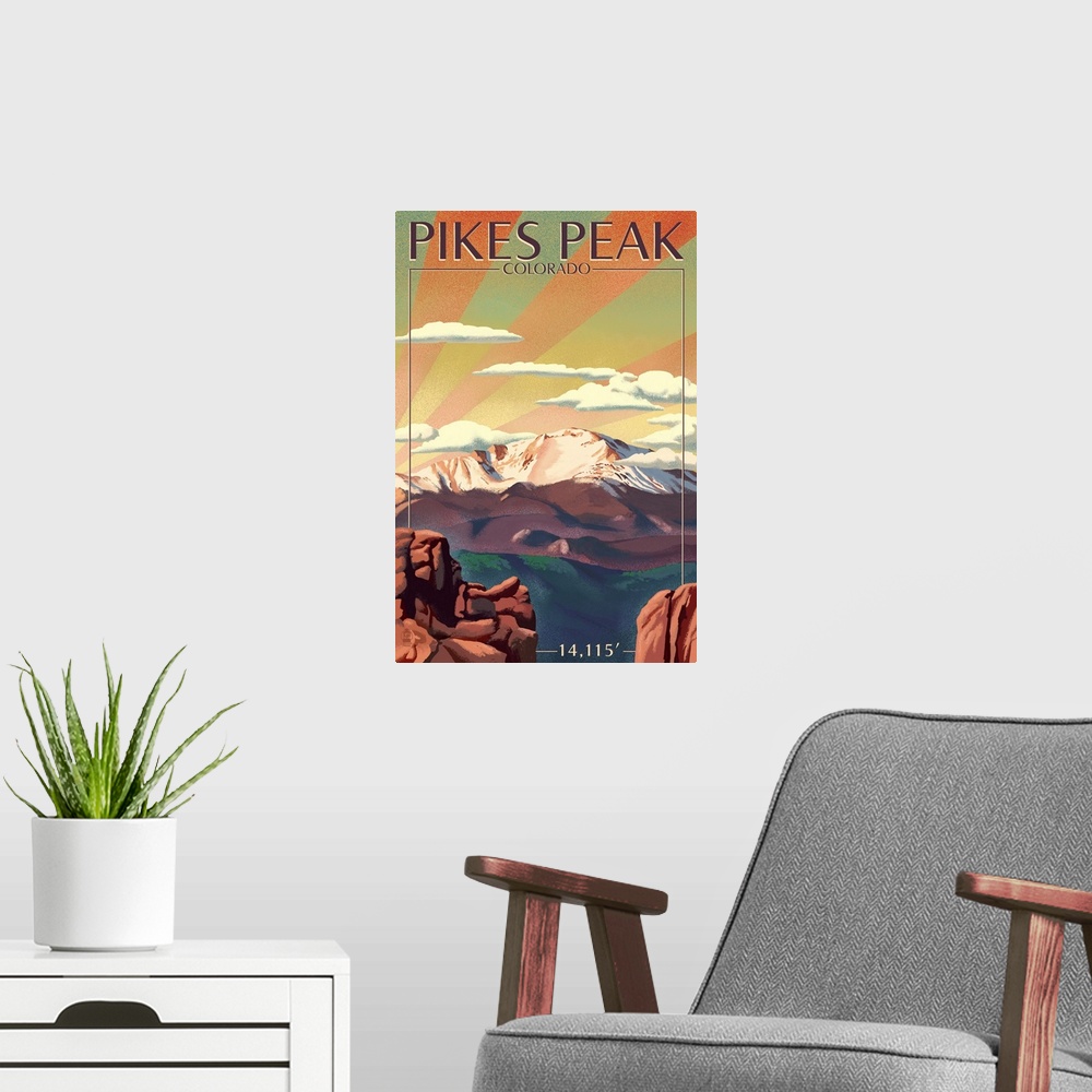 A modern room featuring Pikes Peak, Colorado - Lithograph