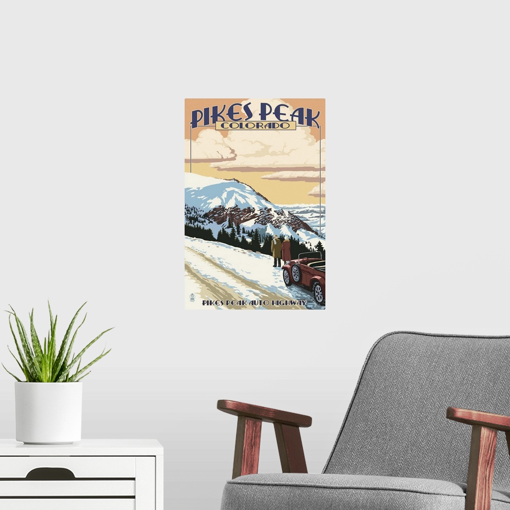 A modern room featuring Pikes Peak, Colorado - Winter Scene from Pikes Peak Highway: Retro Travel Poster