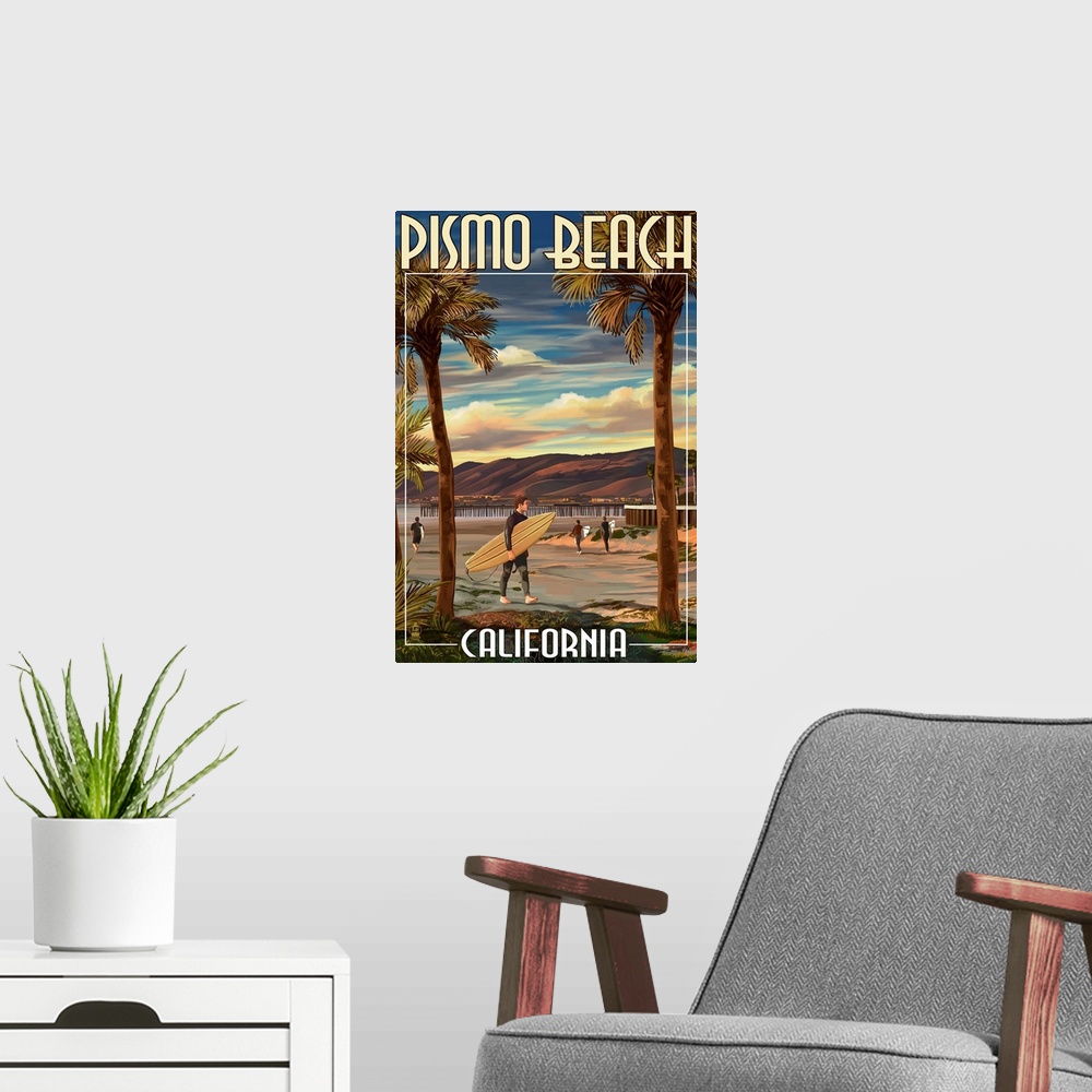 A modern room featuring Retro stylized art poster of a surfer holding a surfboard on a beach at sunset. With tall palm tr...