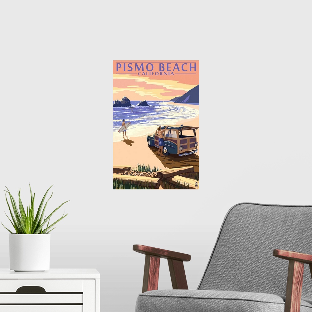 A modern room featuring Retro stylized art poster of two people and a vintage car on  a beach sunset with surfboards.