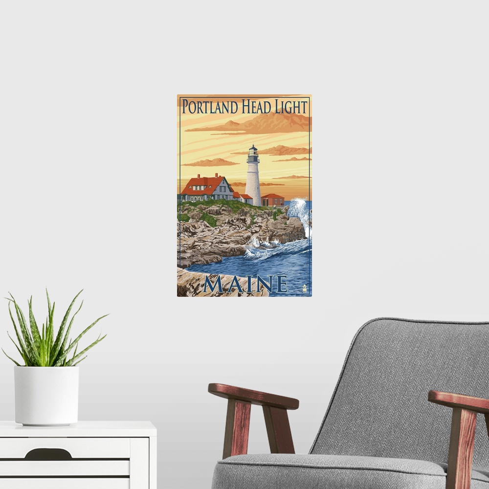 A modern room featuring Portland Head Light - Portland, Maine: Retro Travel Poster