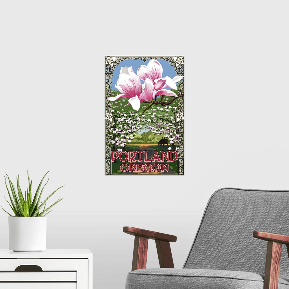 A modern room featuring Portland, Oregon - Garden and Magnolia Scene: Retro Travel Poster