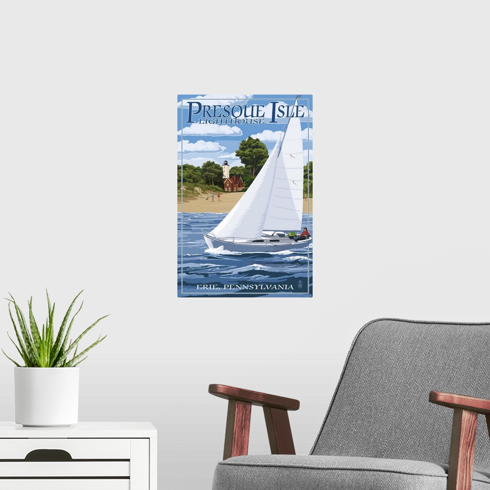 A modern room featuring Retro stylized art poster of a sailboat near the shore, with a lighthouse in the background.