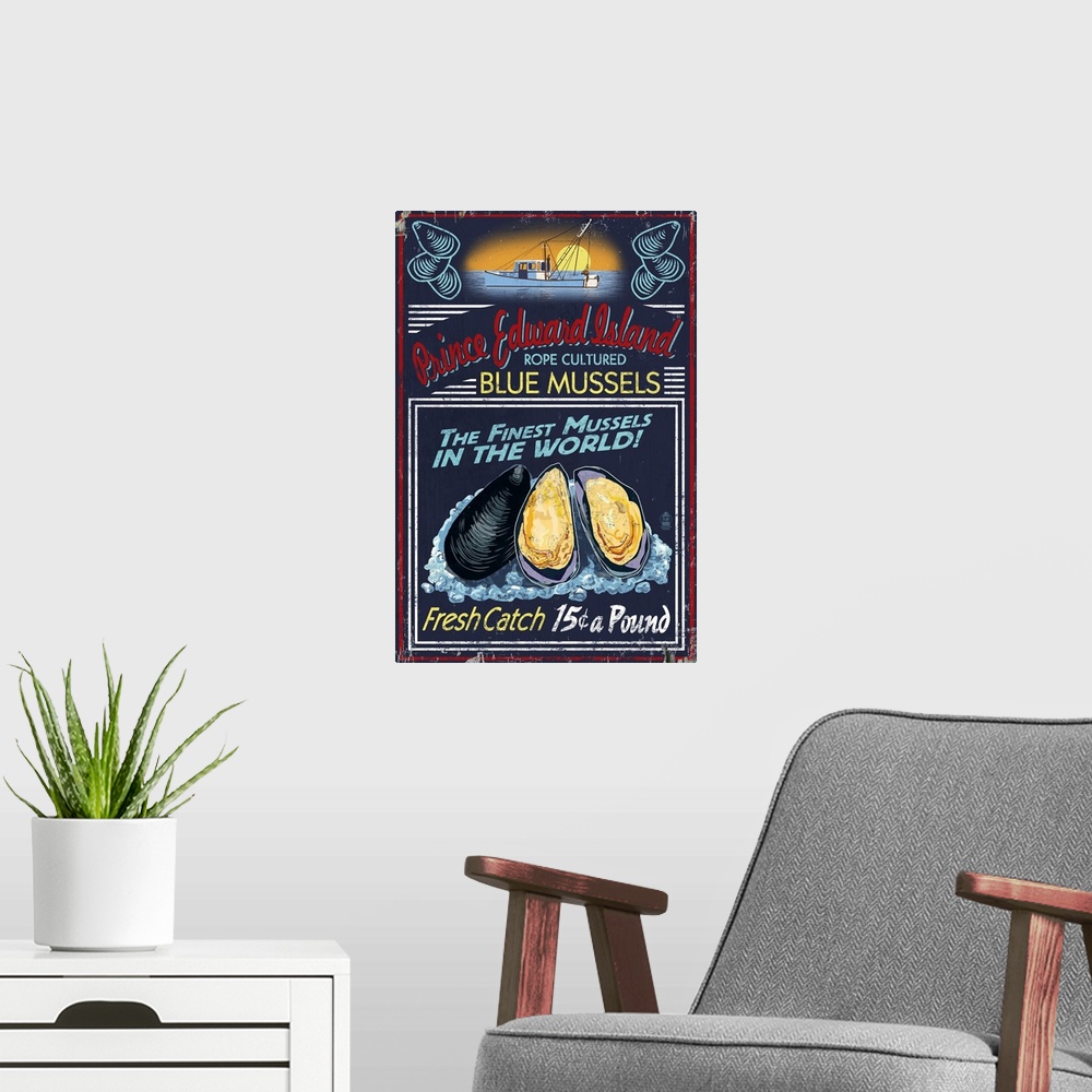 A modern room featuring Prince Edward Island - Mussels Vintage Sign