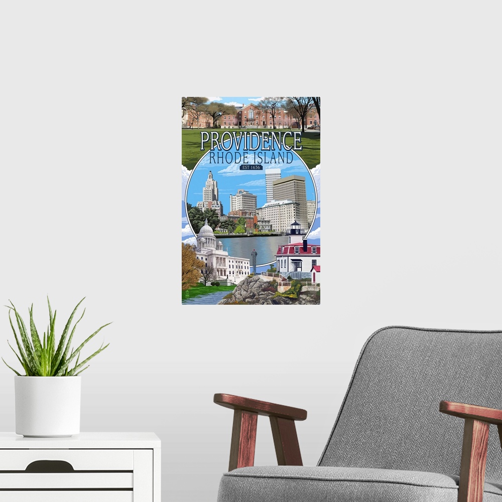 A modern room featuring Providence, Rhode Island - Montage Scenes: Retro Travel Poster
