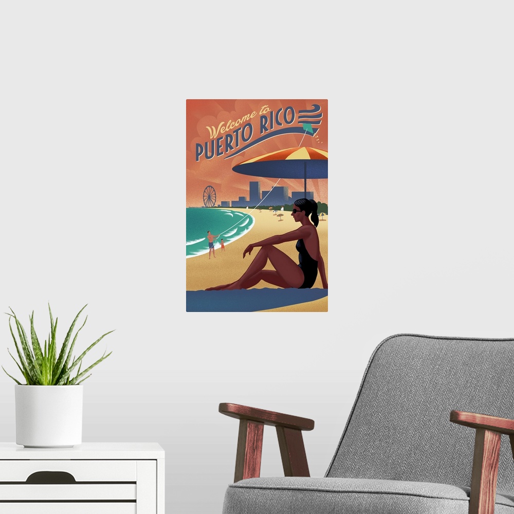 A modern room featuring Puerto Rico - Beach Scene - Lithograph