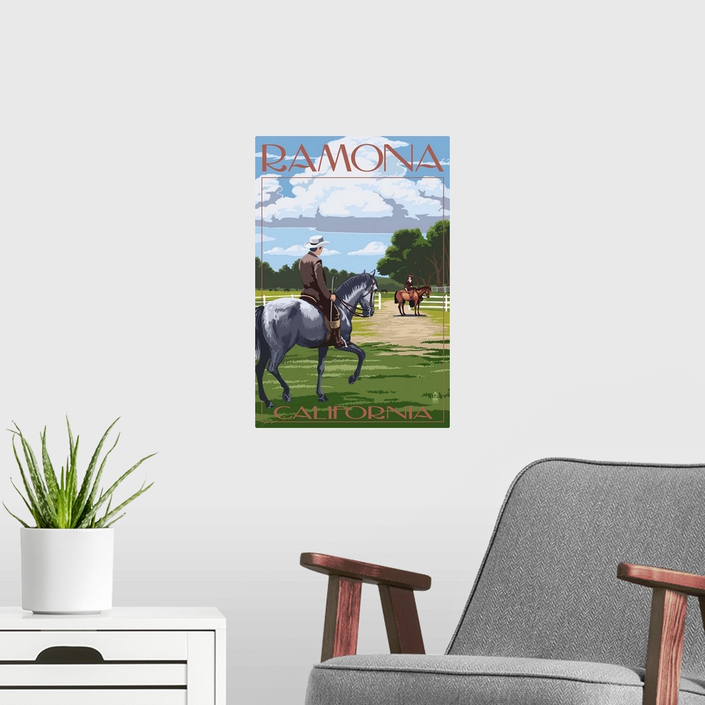 A modern room featuring Retro stylized art poster of a man on a horse at a thoroughbred horse farm.