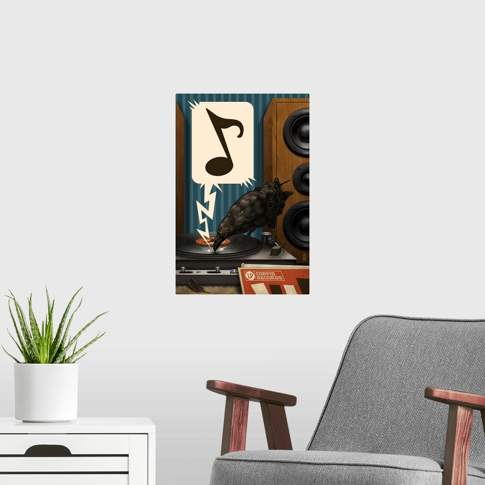 A modern room featuring Raven and Record Player