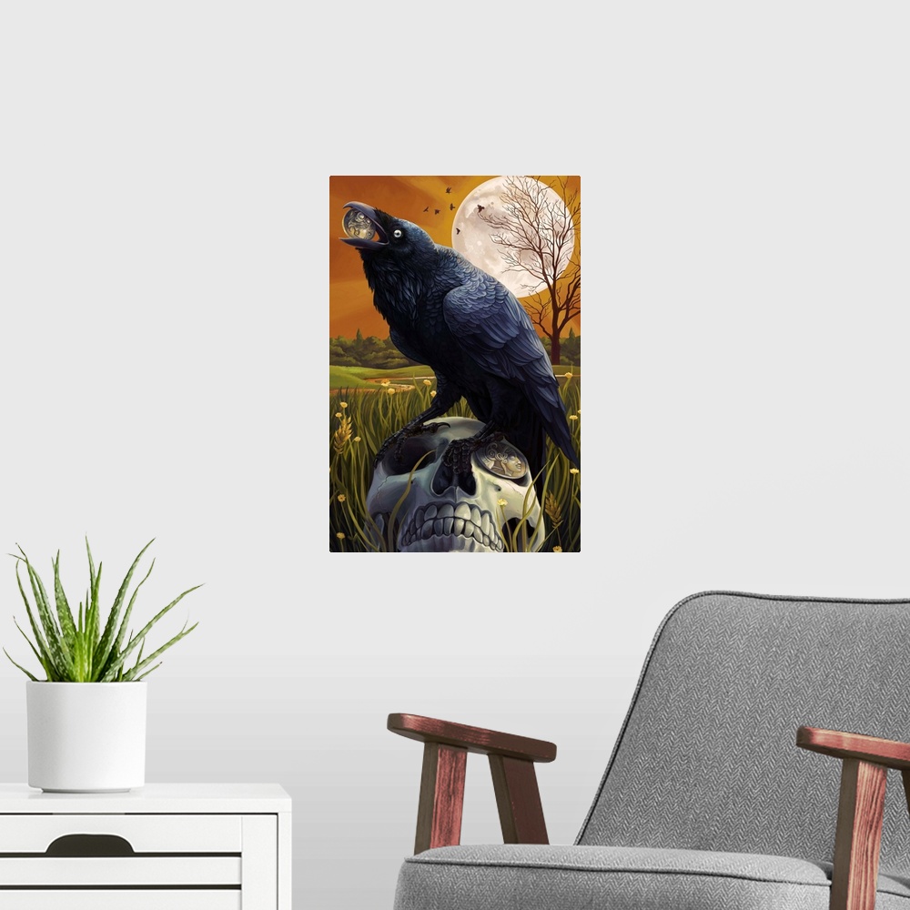 A modern room featuring Raven and Skull: Retro Travel Poster