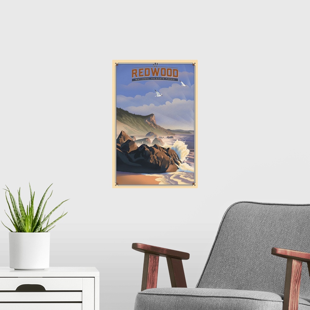 A modern room featuring Redwood National Park, Beach: Retro Travel Poster