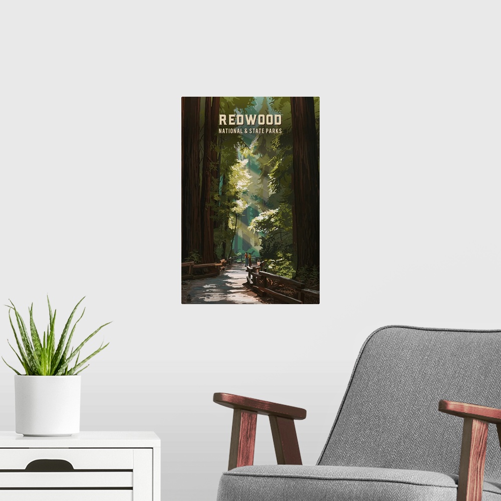 A modern room featuring Redwood National Park, Forest: Retro Travel Poster