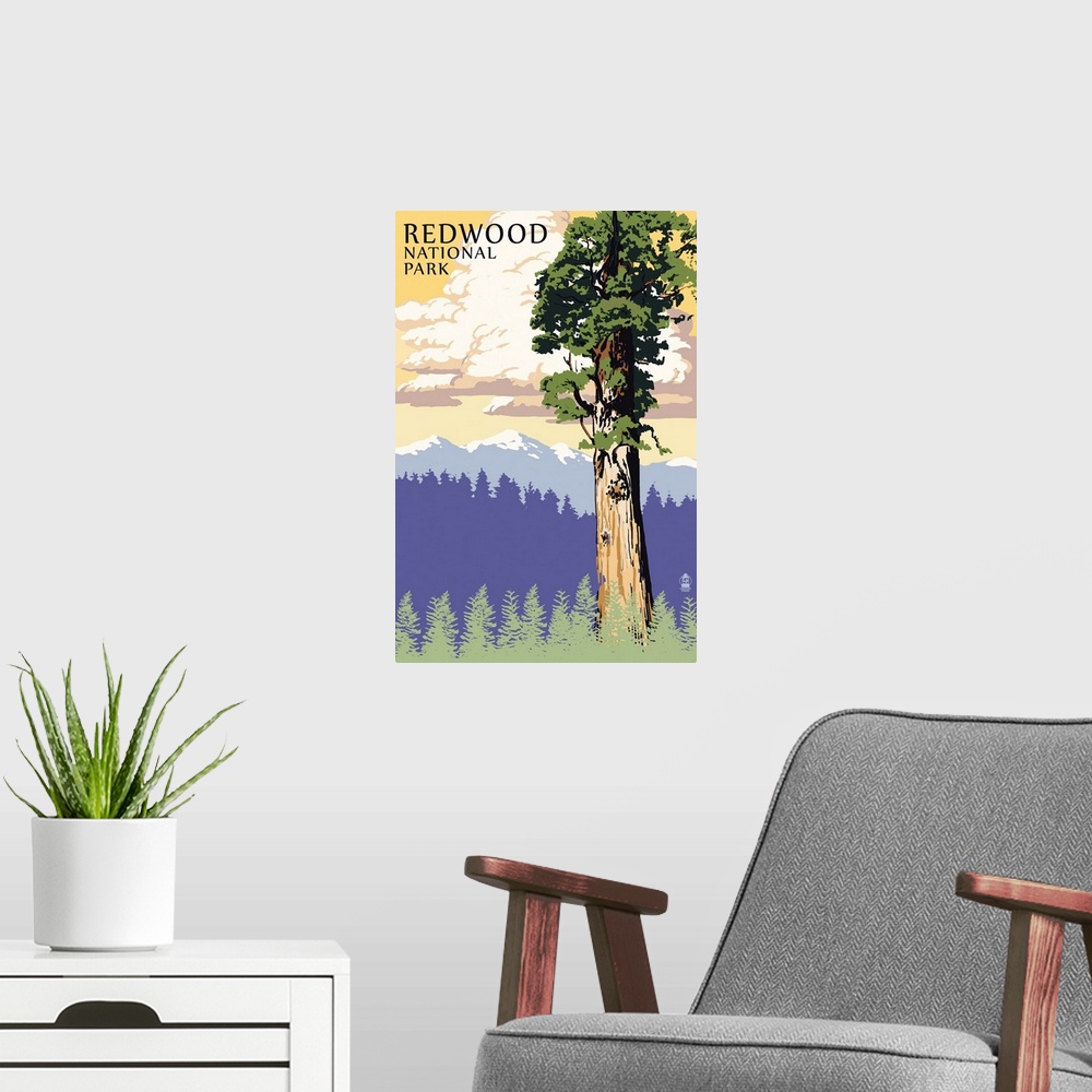 A modern room featuring Redwood National Park, Giant Tree: Retro Travel Poster
