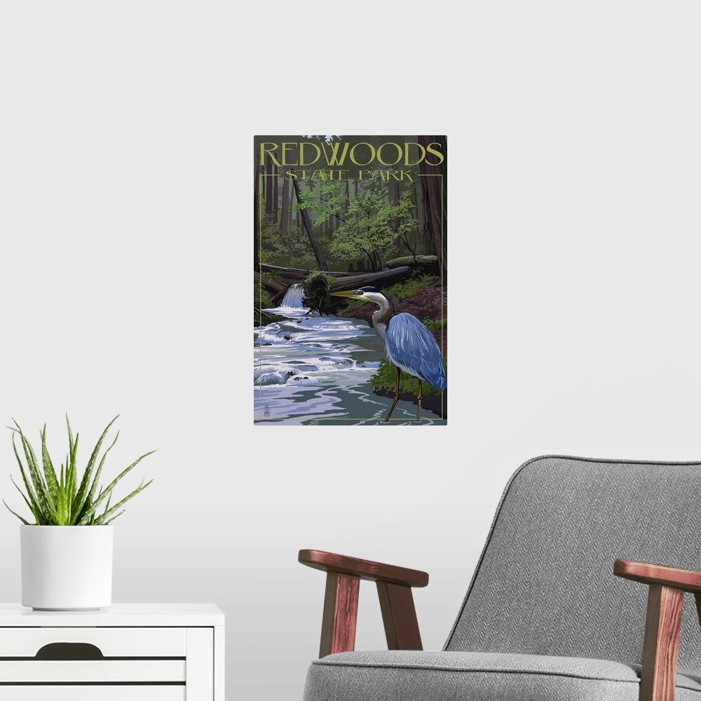 A modern room featuring Retro stylized art poster of a blue heron alongside a stream, in a dense forest.