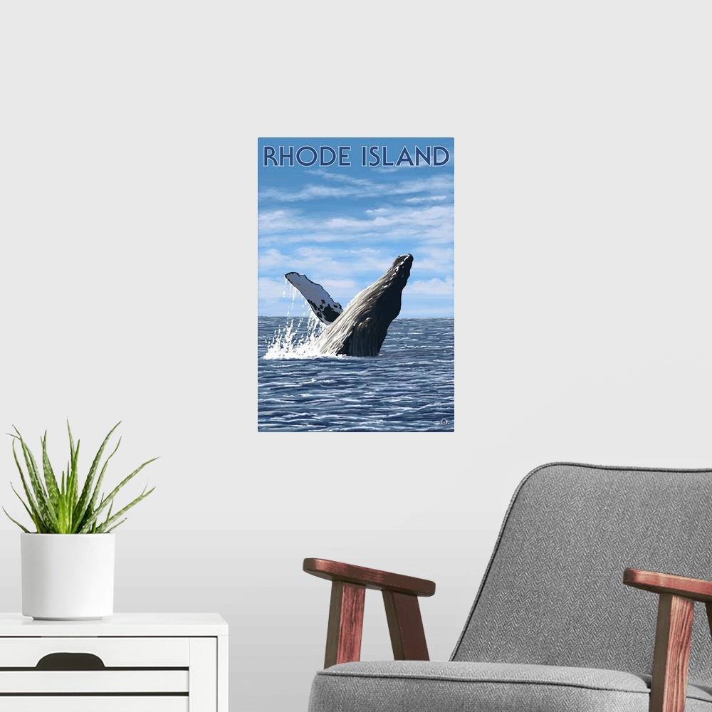 A modern room featuring Rhode Island - Humpback Whale: Retro Travel Poster