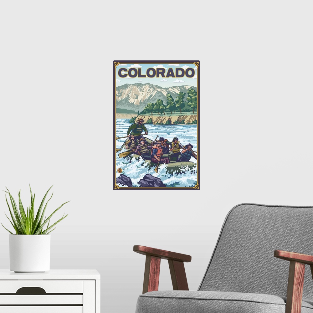 A modern room featuring River Rafting - Colorado: Retro Travel Poster