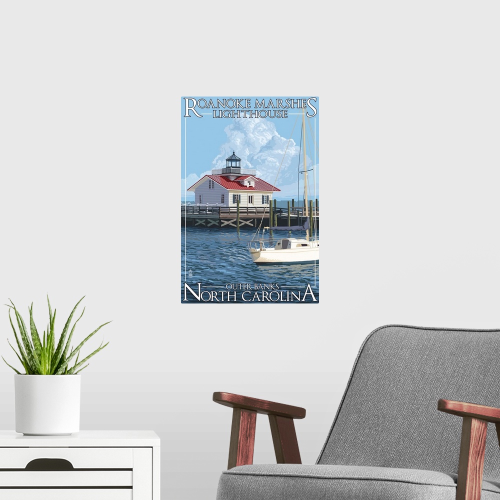A modern room featuring Roanoke Marshes Lighthouse - Outer Banks, North Carolina: Retro Travel Poster