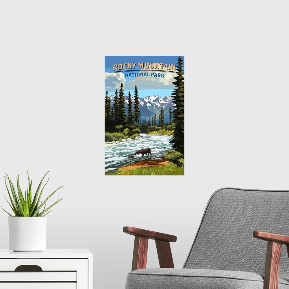 A modern room featuring Rocky Mountain National Park, Moose And Calf: Retro Travel Poster