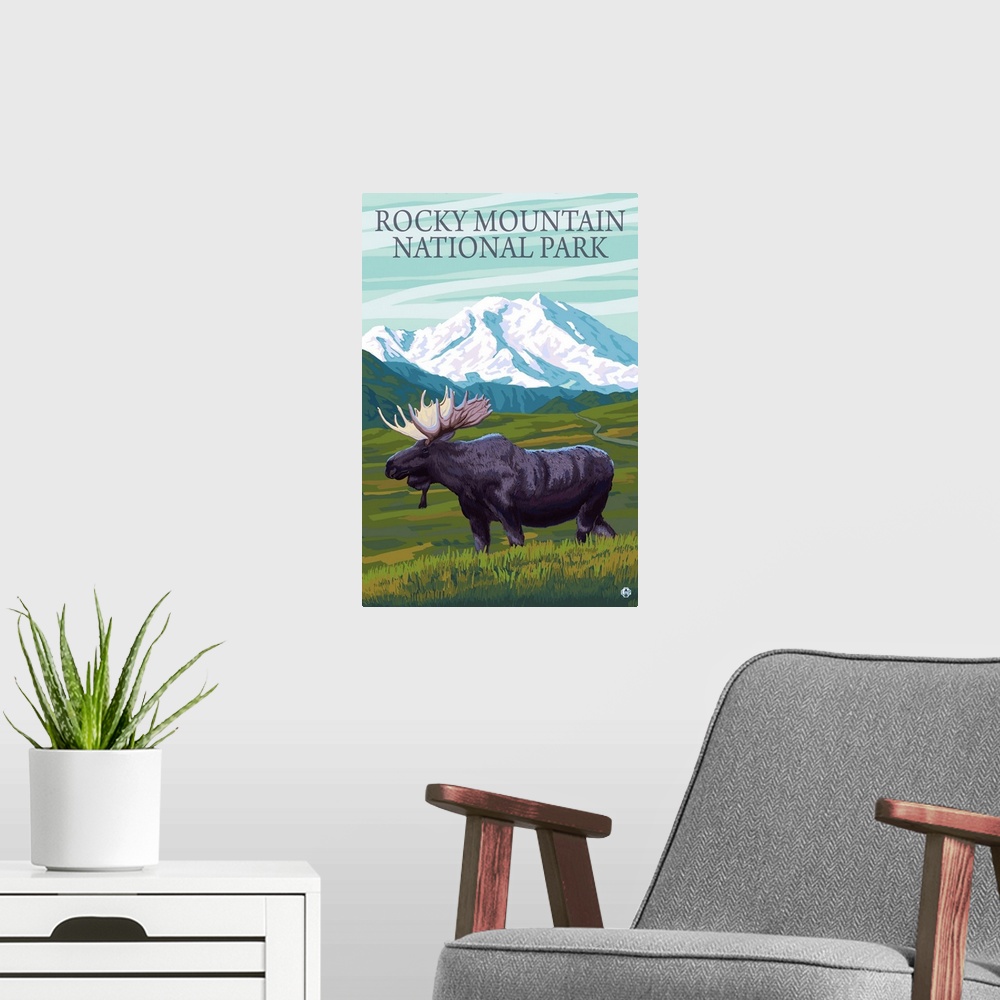 A modern room featuring Rocky Mountain National Park, Moose: Retro Travel Poster