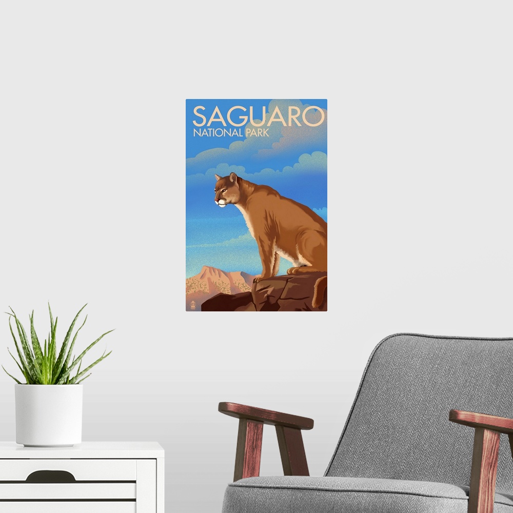A modern room featuring Saguaro National Park, Mountain Lion: Retro Travel Poster