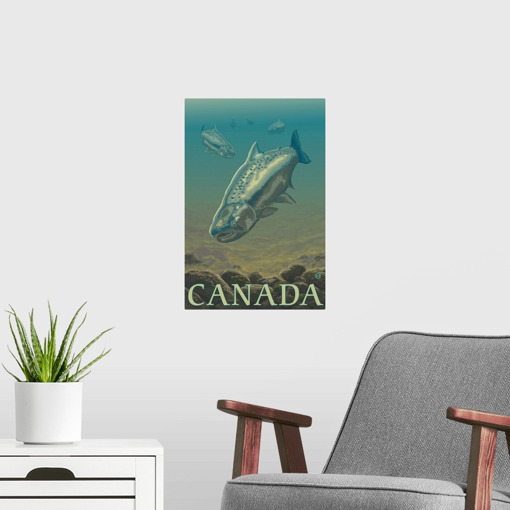 A modern room featuring Salmon View - Canada: Retro Travel Poster