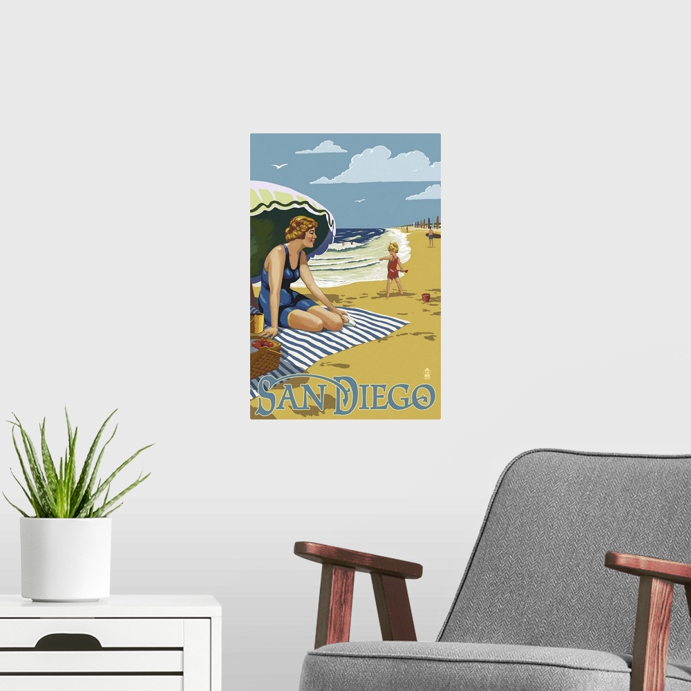 A modern room featuring San Diego, California - Beach Scene: Retro Travel Poster