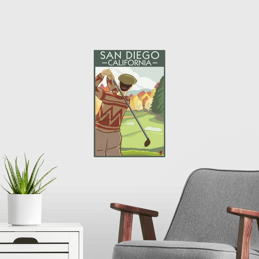 A modern room featuring San Diego, California - Golfer: Retro Travel Poster