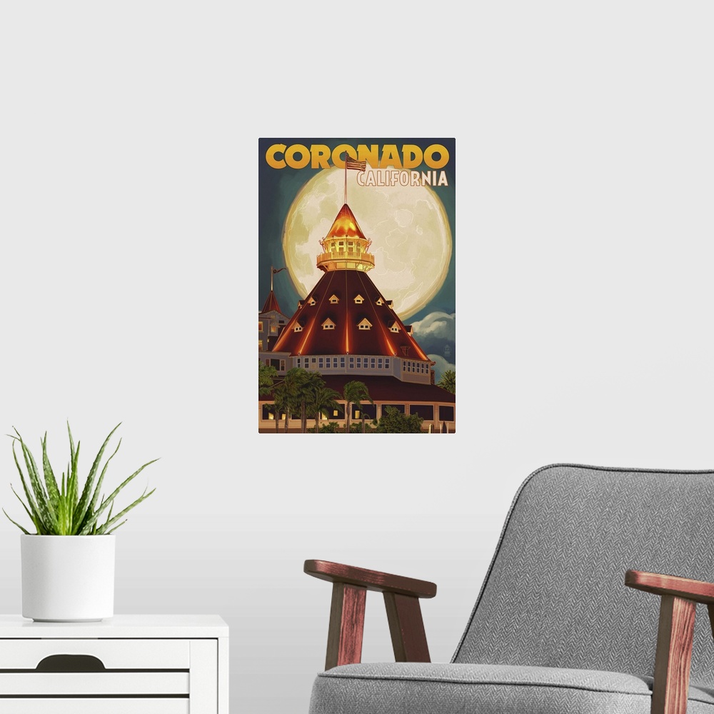 A modern room featuring San Diego, California - Hotel Del Coronado and Moon: Retro Travel Poster