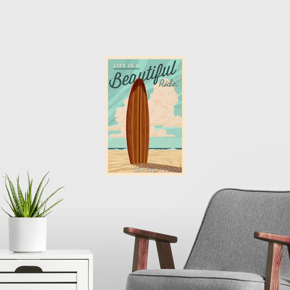 A modern room featuring San Diego, California, Life is a Beautiful Ride, Surfboard, Letterpress