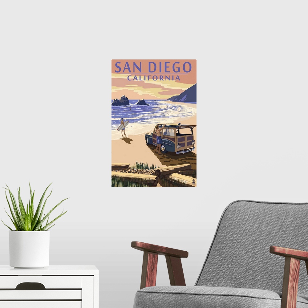 A modern room featuring San Diego, California - Woody on Beach: Retro Travel Poster