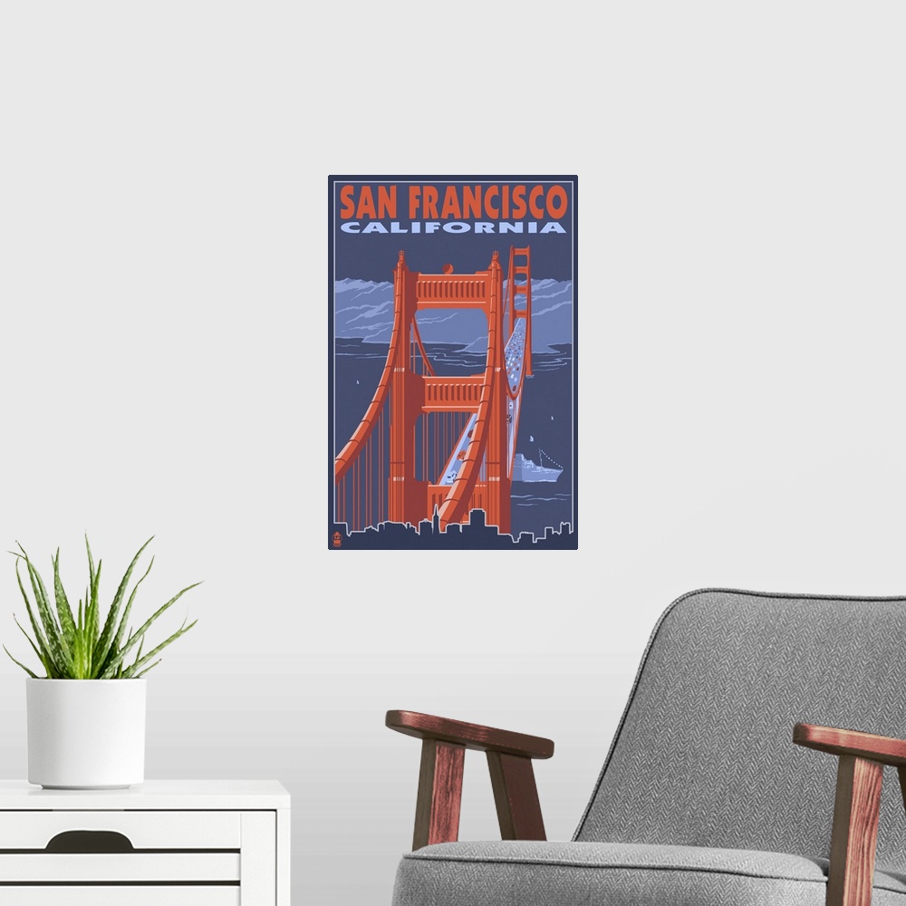 A modern room featuring San Francisco, California - Golden Gate Bridge: Retro Travel Poster