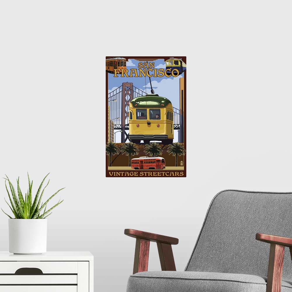 A modern room featuring San Francisco, California Streetcars: Retro Travel Poster