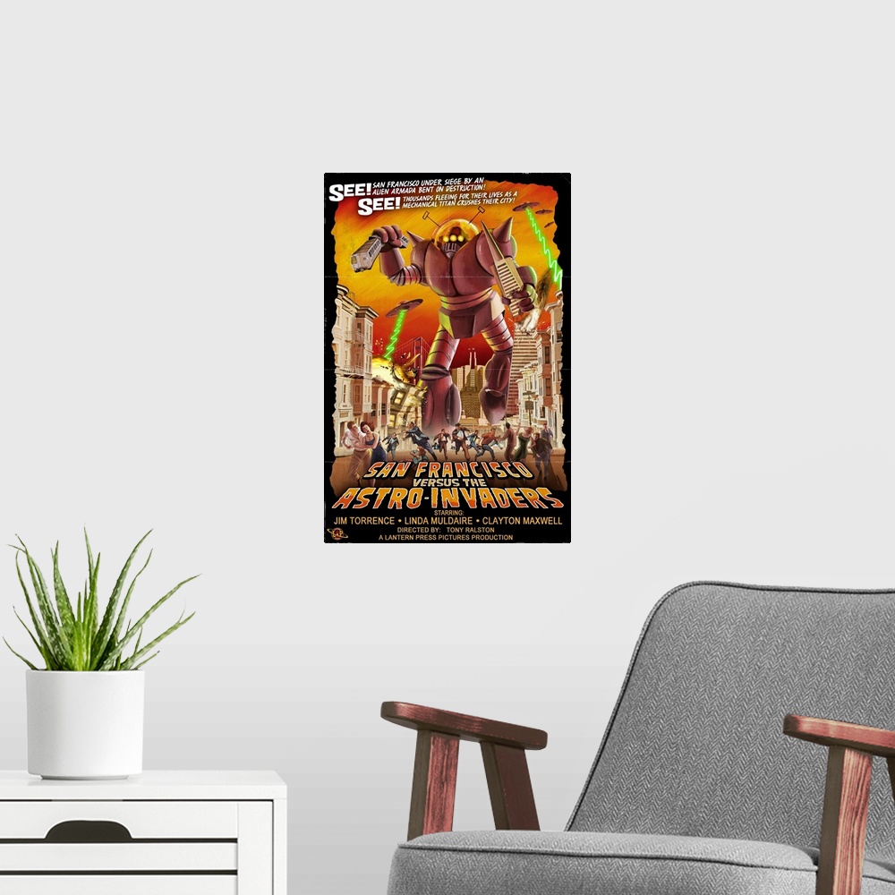 A modern room featuring Retro stylized art poster of an alien robot invader wreaking havoc on a city.