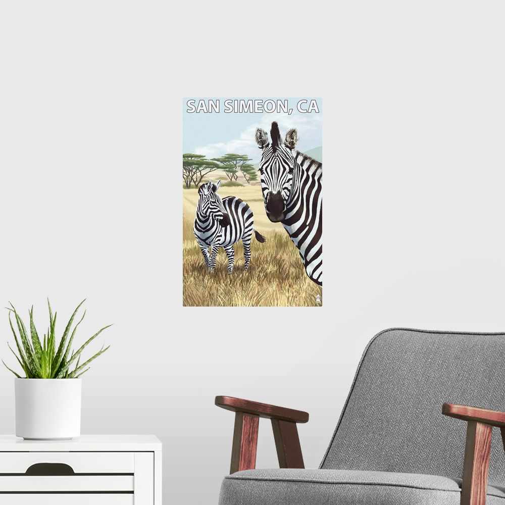 A modern room featuring San Simeon, CA - Zebra Scene -  : Retro Travel Poster
