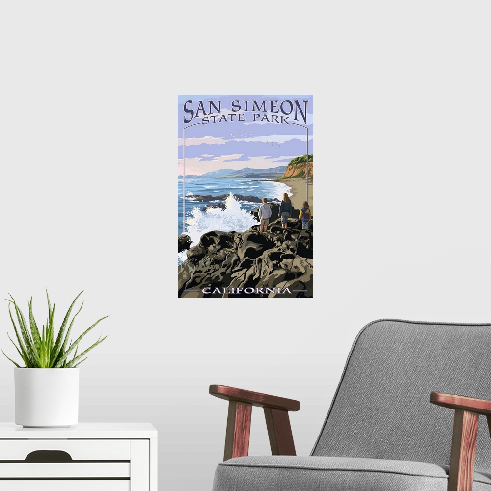 A modern room featuring Retro stylized art poster of a group of people standing on rocks looking out over the ocean.