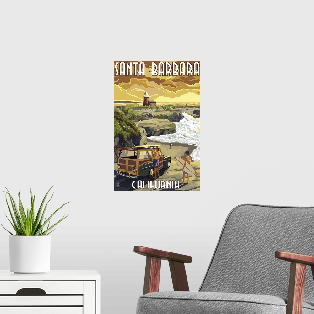 A modern room featuring Retro stylized art poster of surfers and a old car on the beach at sunset.