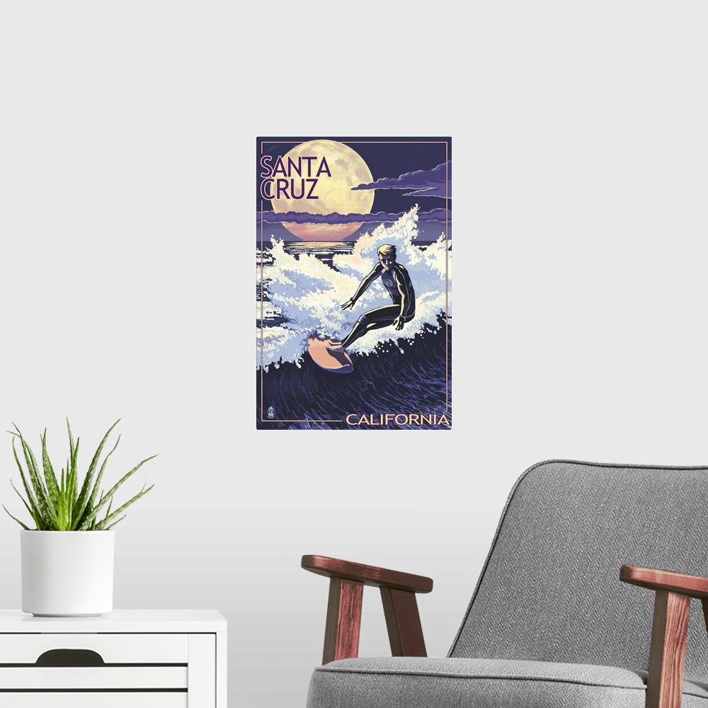 A modern room featuring Retro stylized art poster of a surfer riding a wave at night, with a giant moon in the sky.